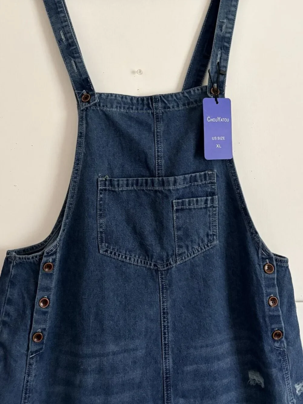 Chou Yatou Women Bib Overalls Baggy Wide Leg distressed Denim XL